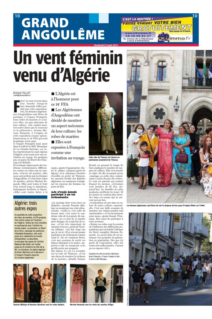 Article Charente Libre Algérie Balcon de la francophonie Angoulême Exposition Robes de mariées traditionnelles algériennes premier projet